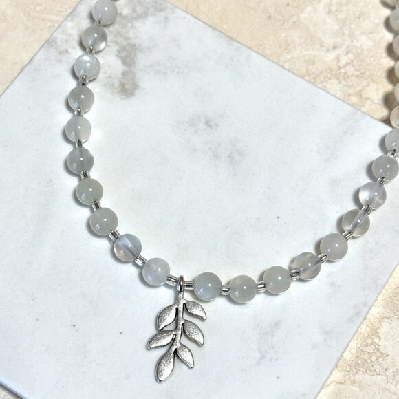 White Moonstone Silver Leaf Branch Necklace, Genuine Gemstone Beaded Choker - Picture 4 of 13
